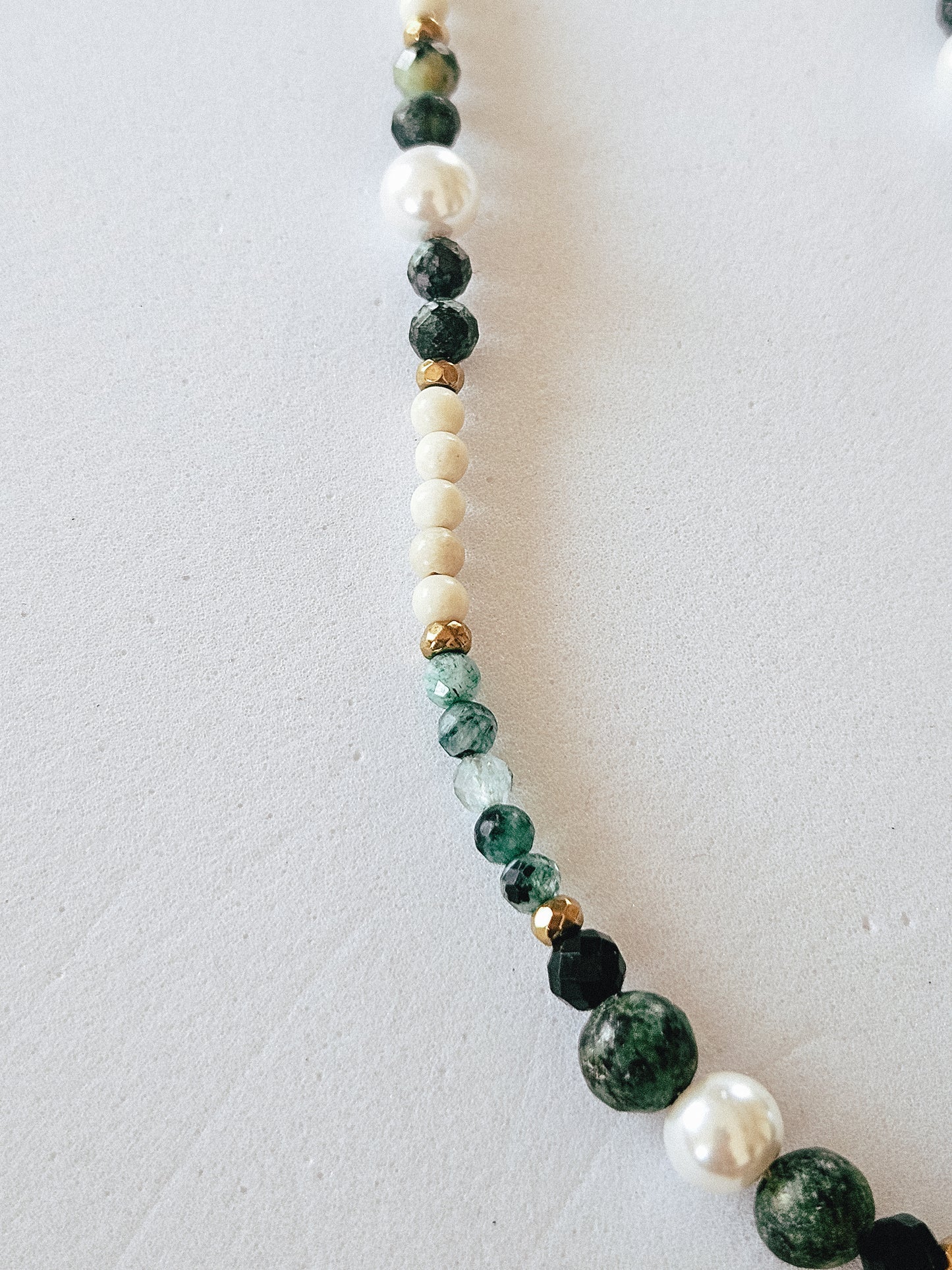 Natural Stone Necklace: African Turquoise, Malachite, Pearls, Black Tourmaline, River Stone and Golden Hematite with Ginkgo Shaped Pendant
