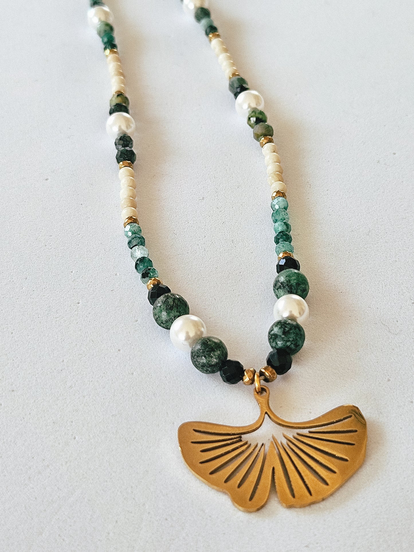 Natural Stone Necklace: African Turquoise, Malachite, Pearls, Black Tourmaline, River Stone and Golden Hematite with Ginkgo Shaped Pendant