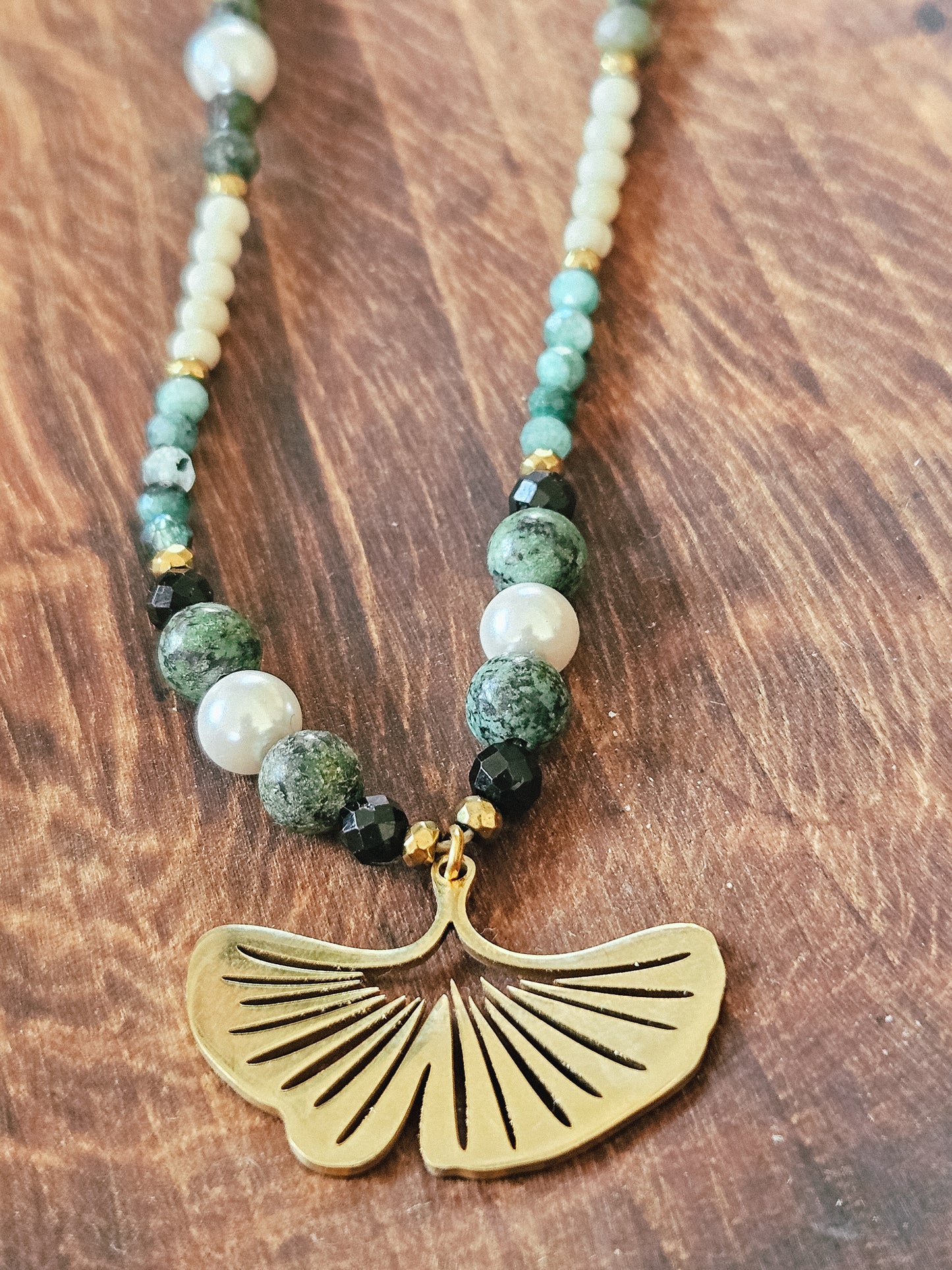 Natural Stone Necklace: African Turquoise, Malachite, Pearls, Black Tourmaline, River Stone and Golden Hematite with Ginkgo Shaped Pendant