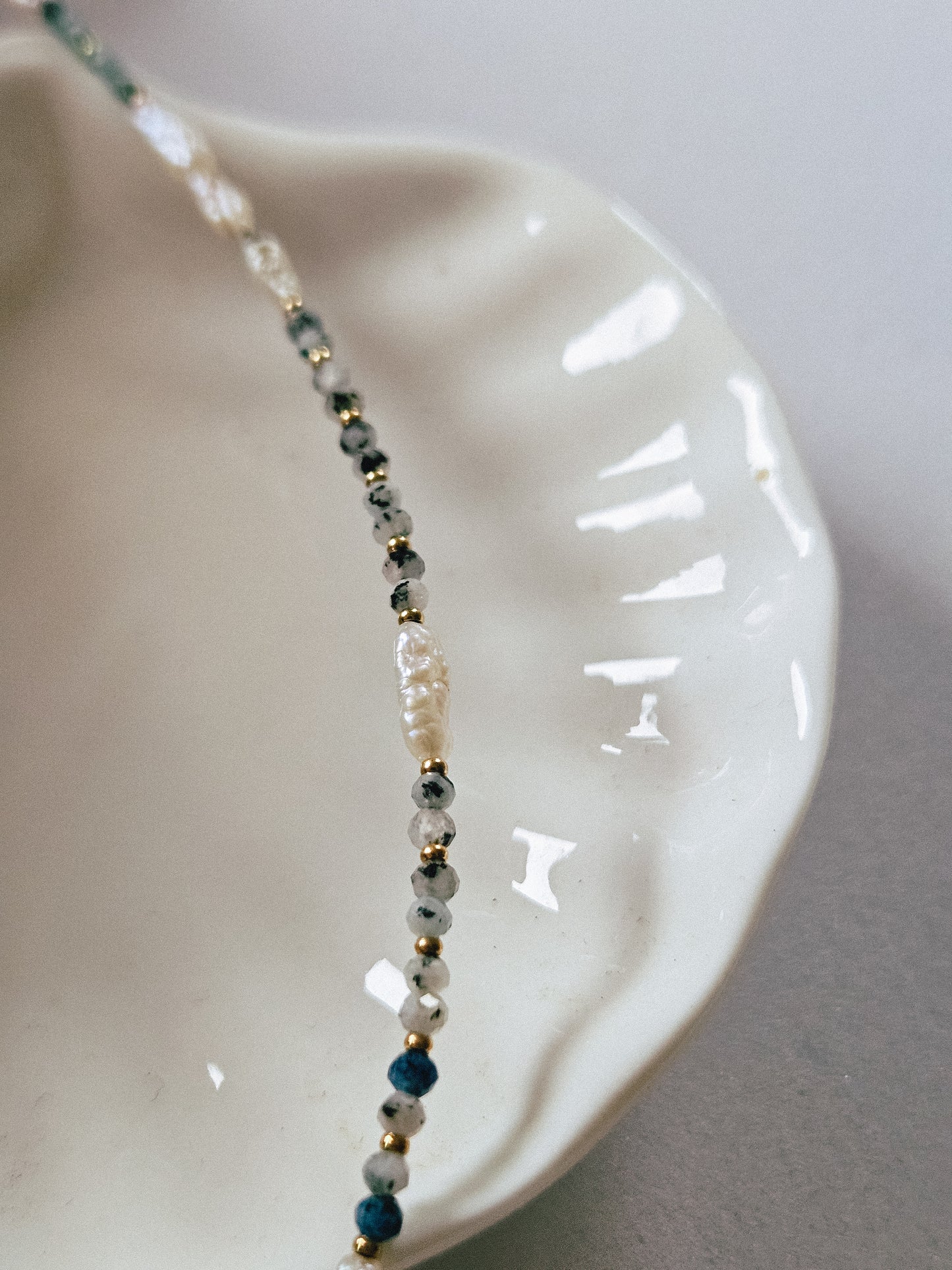 Necklace of Natural Stones: African Turquoise, Pearls and Golden Hematites with Moon Shaped Pendant