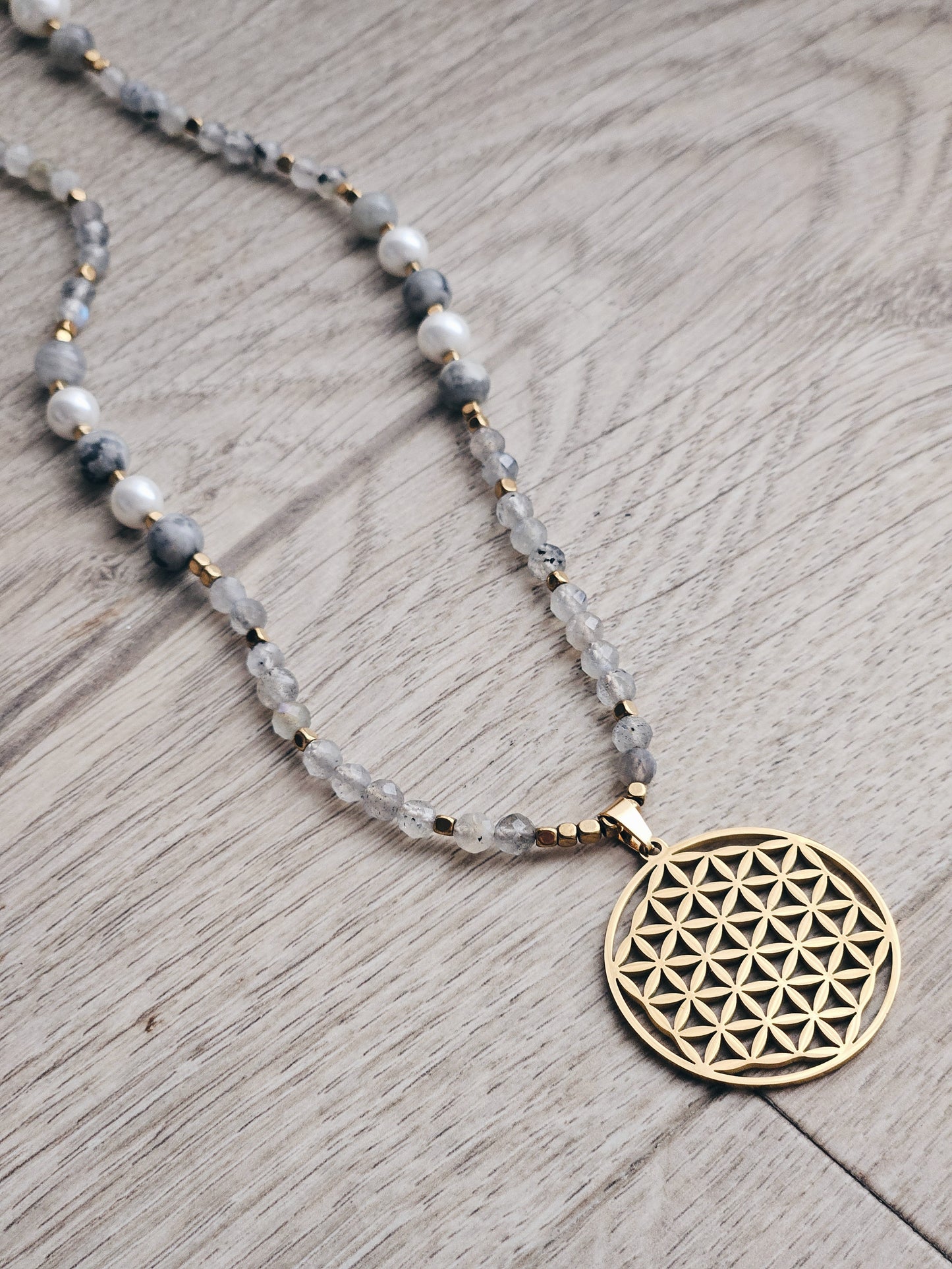 Necklace with Labradorite, Pearls and Black Striped Agate with a Flower of Life Mandala Pendant