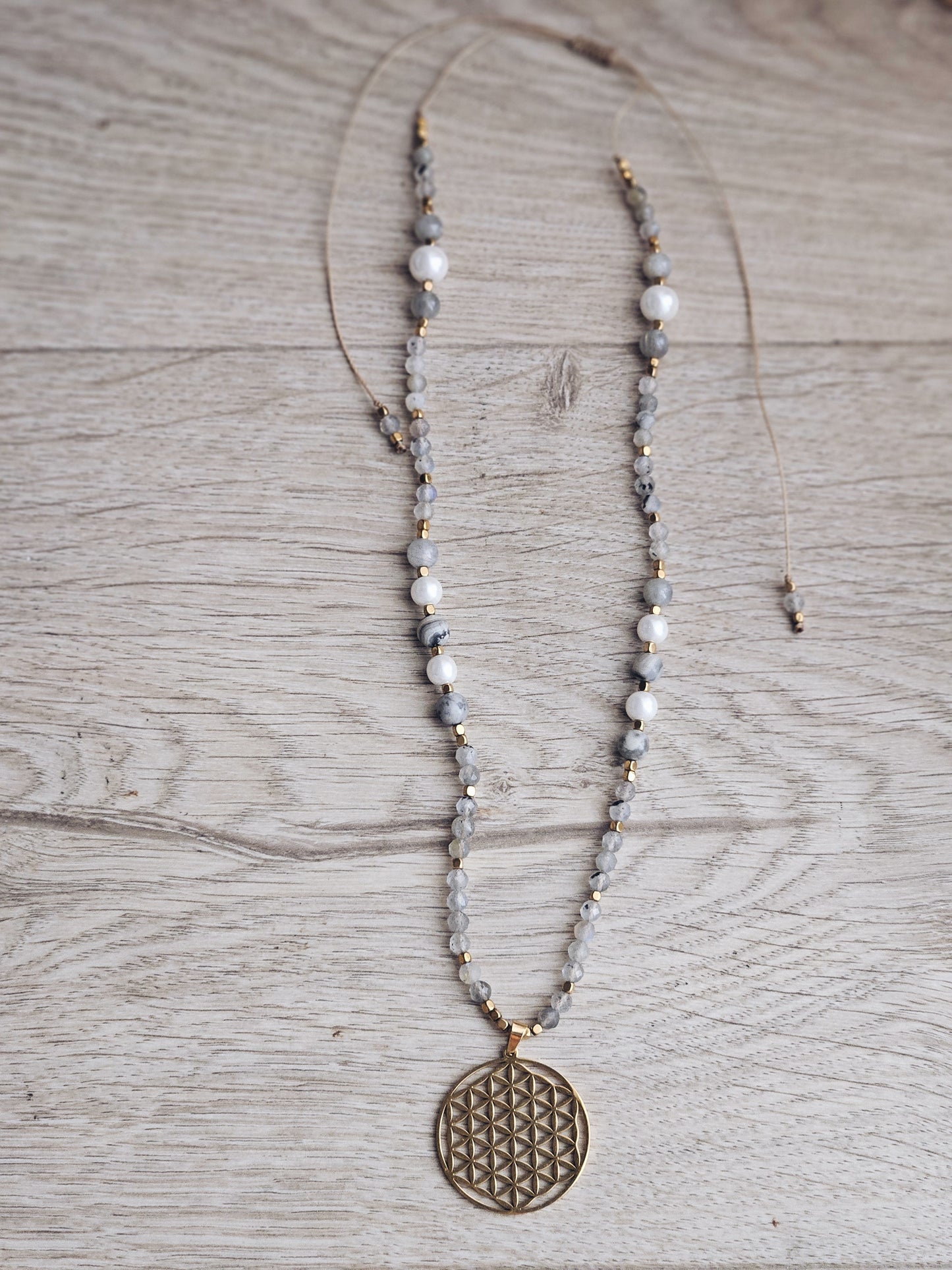 Necklace with Labradorite, Pearls and Black Striped Agate with a Flower of Life Mandala Pendant