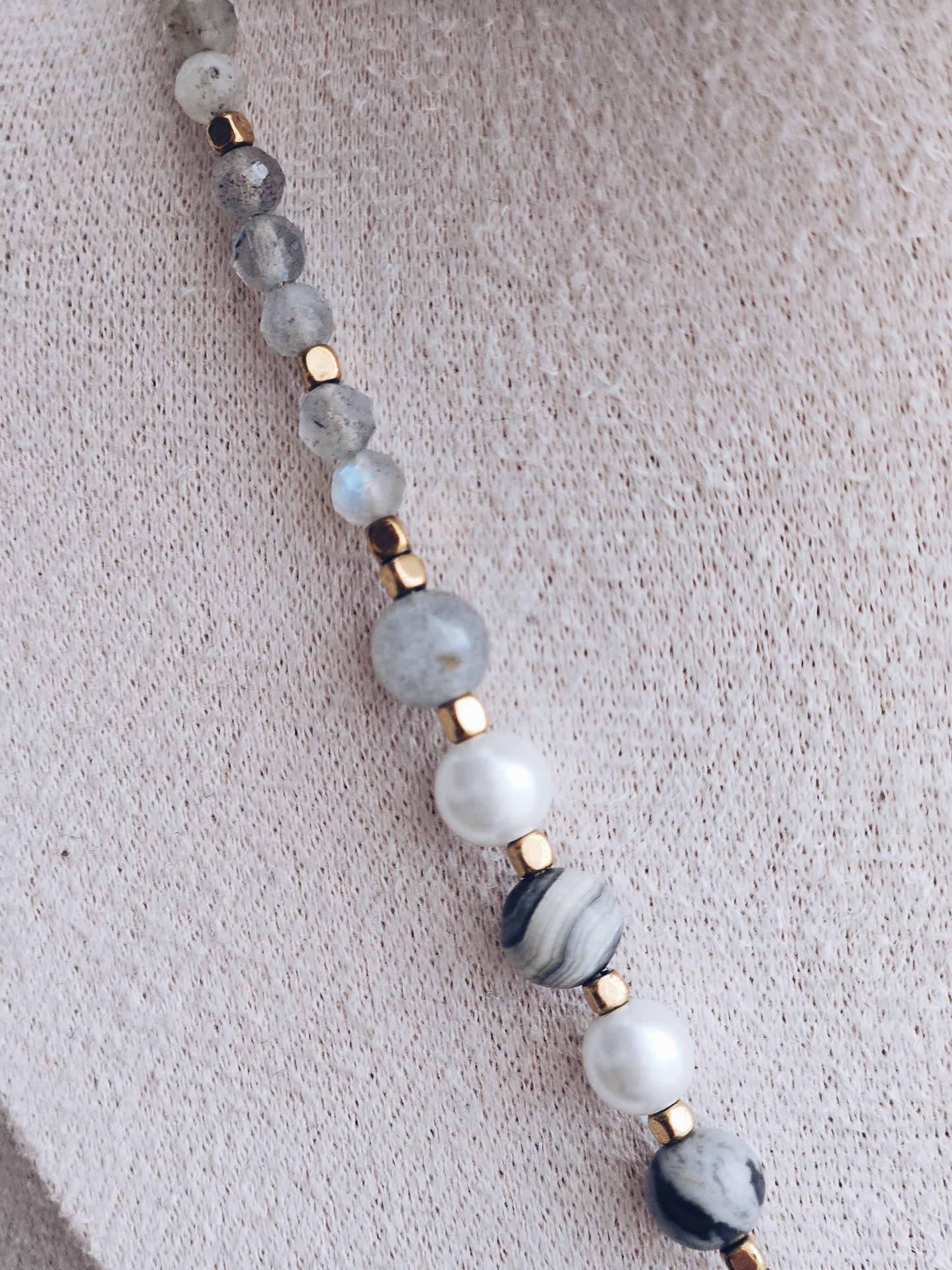 Necklace with Labradorite, Pearls and Black Striped Agate with a Flower of Life Mandala Pendant