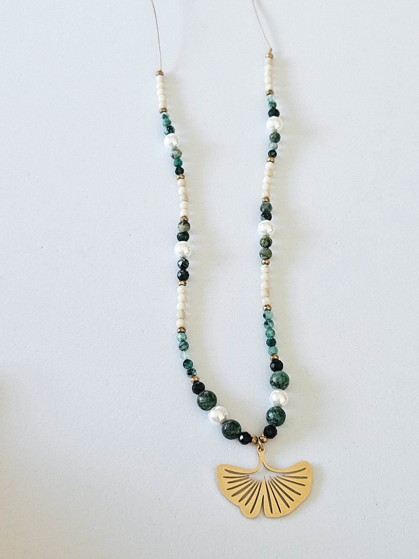 Natural Stone Necklace: African Turquoise, Malachite, Pearls, Black Tourmaline, River Stone and Golden Hematite with Ginkgo Shaped Pendant