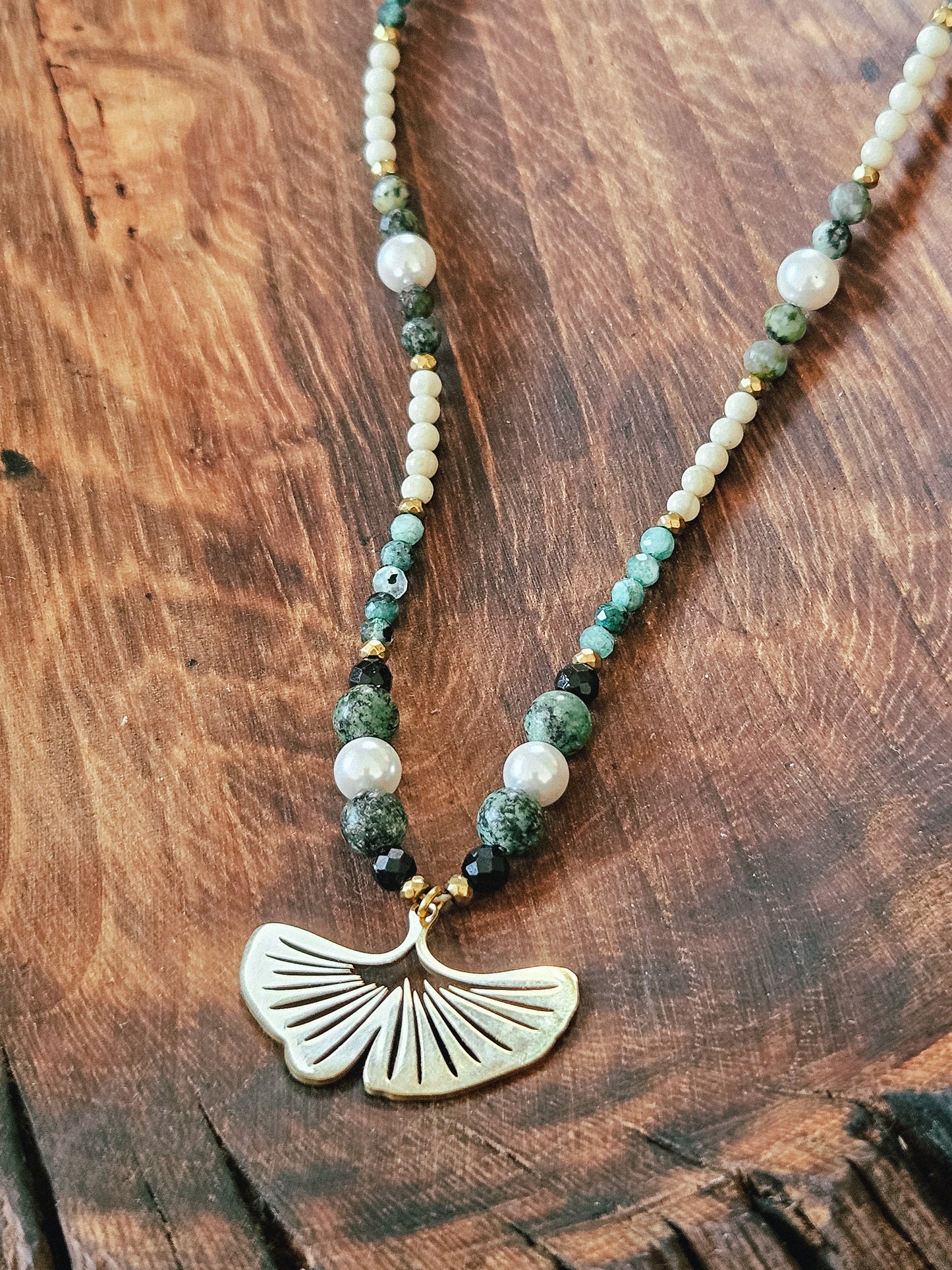 Natural Stone Necklace: African Turquoise, Malachite, Pearls, Black Tourmaline, River Stone and Golden Hematite with Ginkgo Shaped Pendant