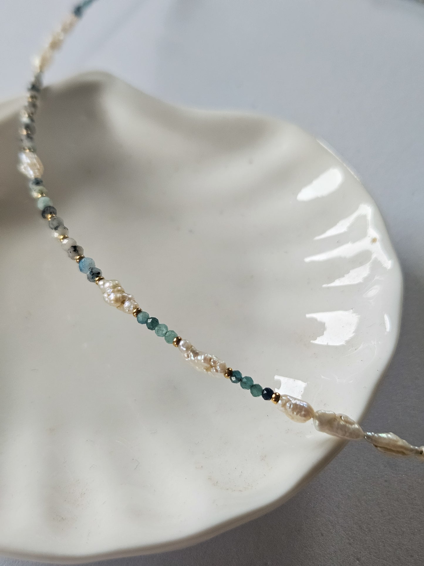 Necklace of Natural Stones: African Turquoise, Pearls and Golden Hematites with Moon Shaped Pendant
