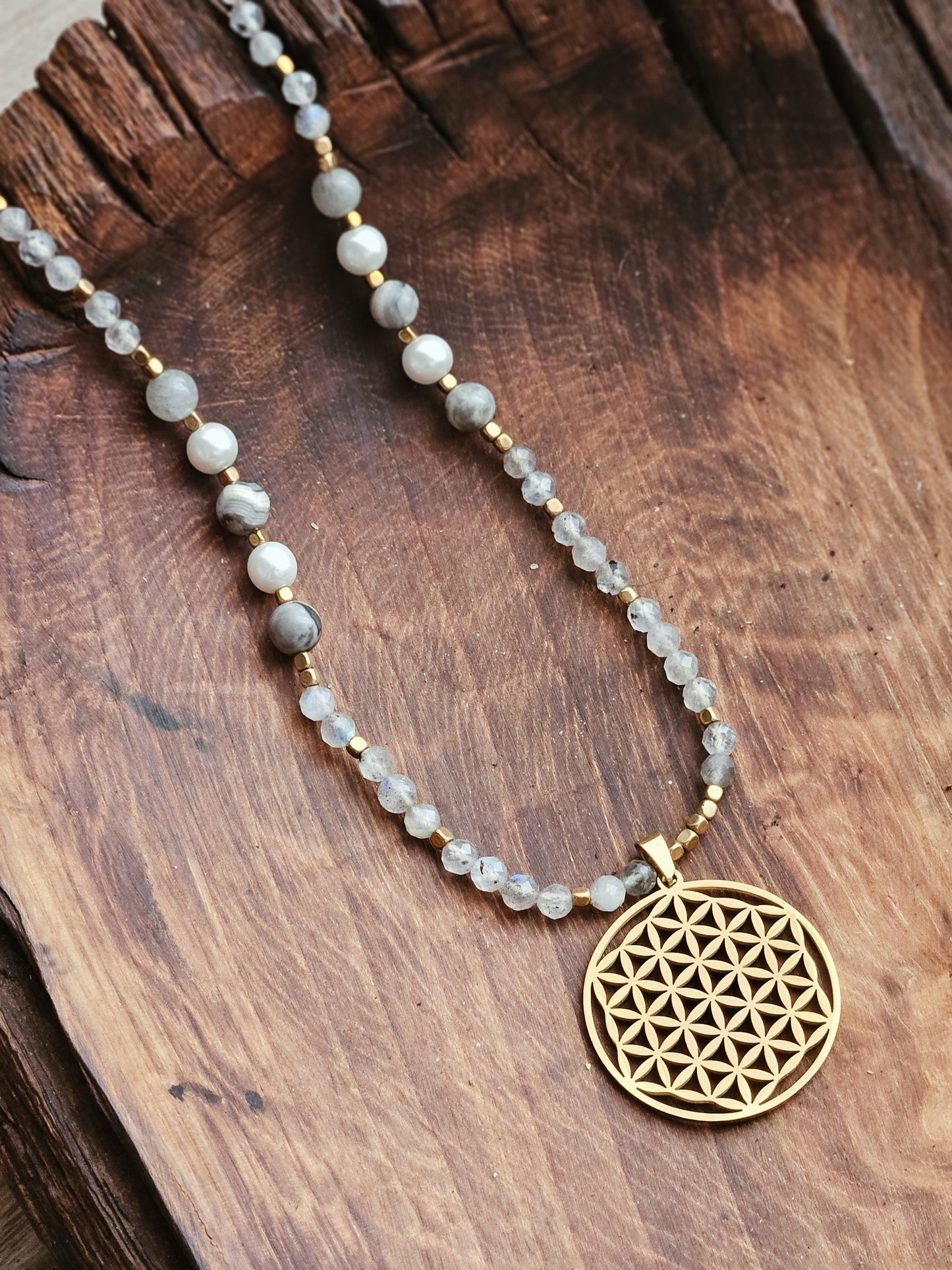 Necklace with Labradorite, Pearls and Black Striped Agate with a Flower of Life Mandala Pendant