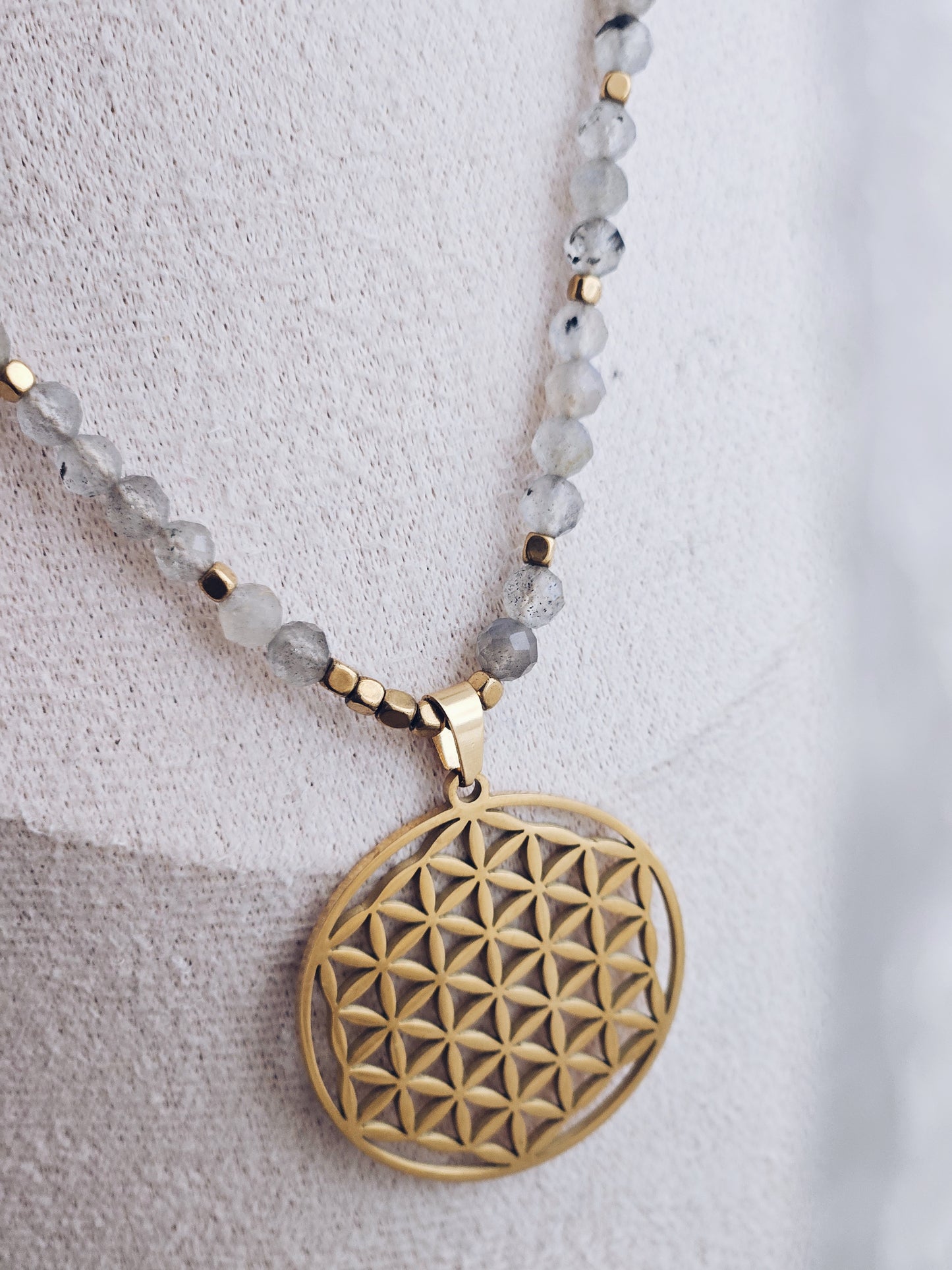 Necklace with Labradorite, Pearls and Black Striped Agate with a Flower of Life Mandala Pendant