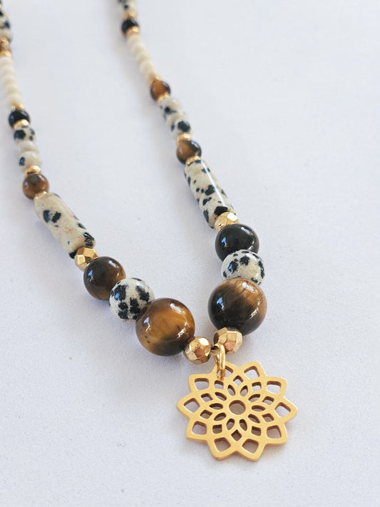 Collar de Piedras Naturales: Ojo de Tigre, Jaspe Dálmata, Piedra de Río y Hematita con Colgante en Forma de Mandala